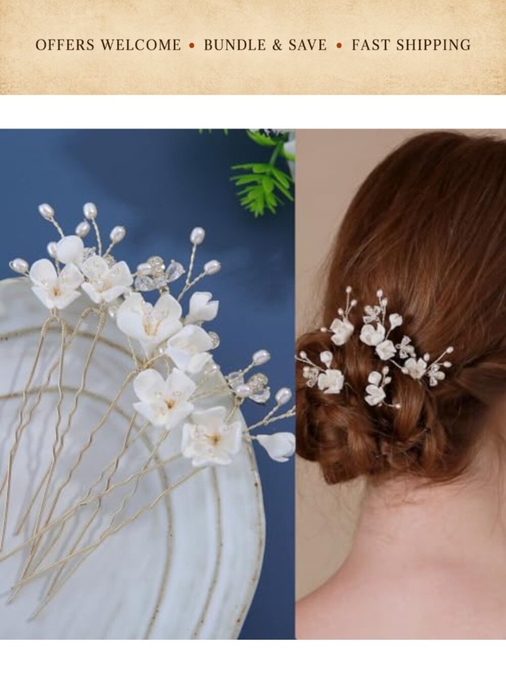 Handmade Polymer Clay Pearl Zircon Wedding Hair Pins 5Pc Floral Bridal Hair